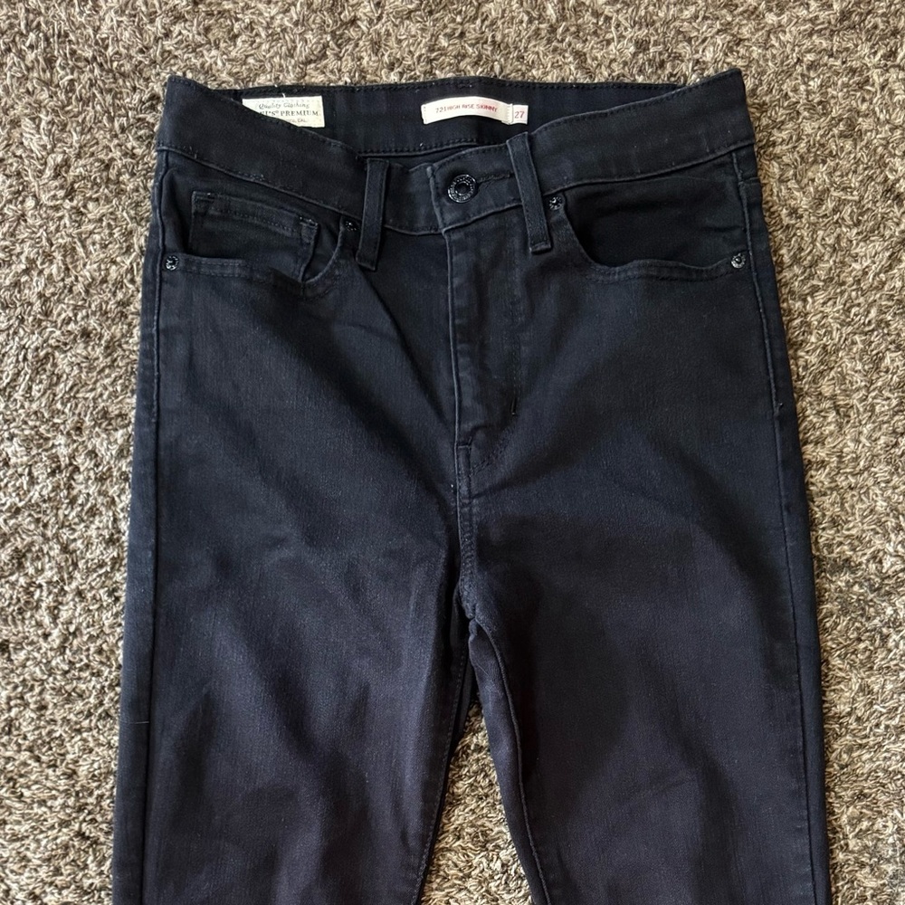 Levi’s 721 High Rise Skinny Jeans Shirt Length Black Stretch Denim - Picture 3 of 11